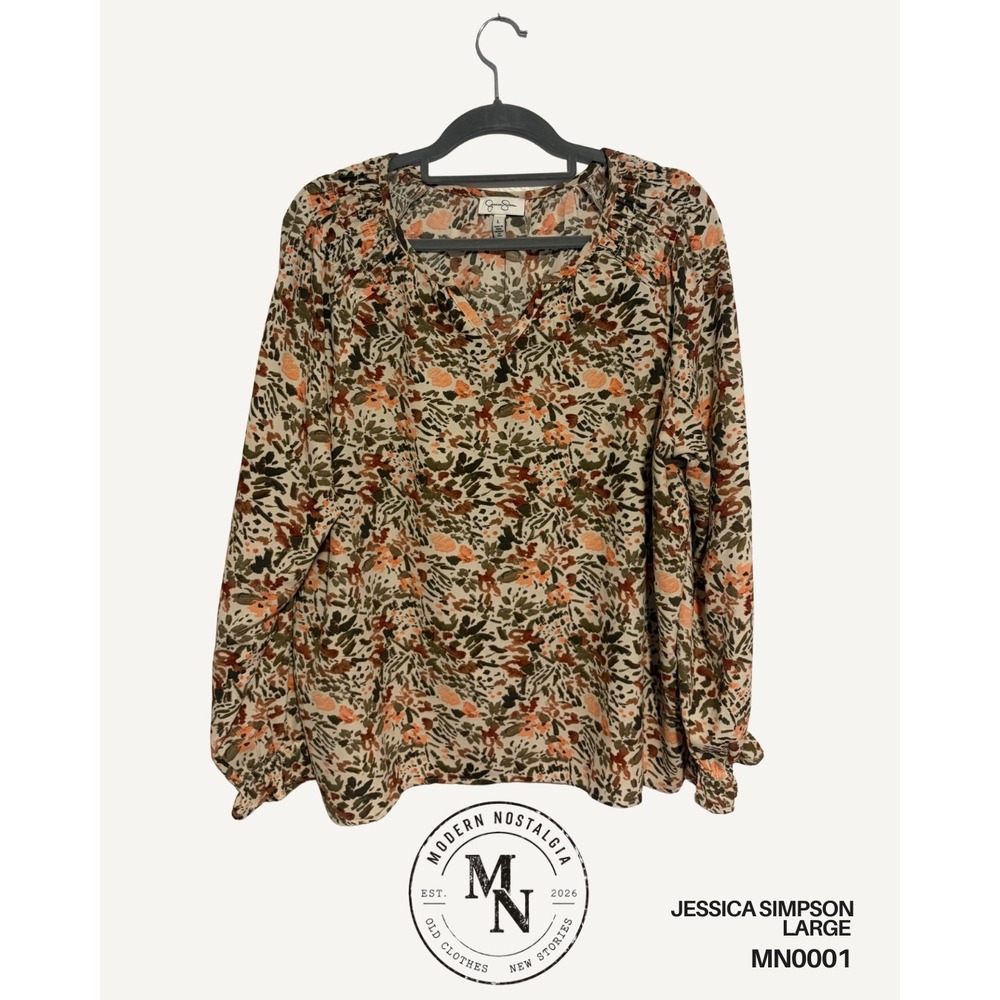 Jessica Simpson Women's Large Multicolor Abstract Floral Long Sleeve Blouse